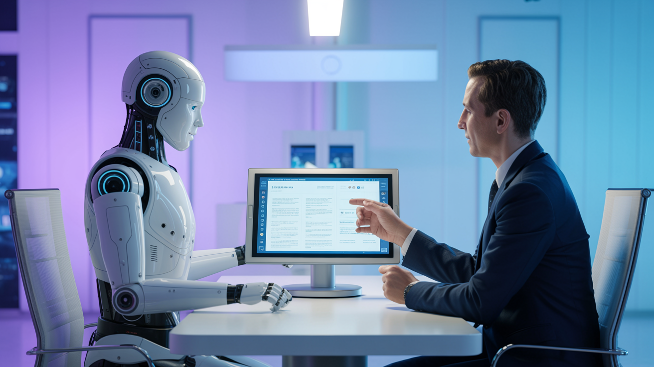 Robot y humano revisando un documento en un tablero futurista